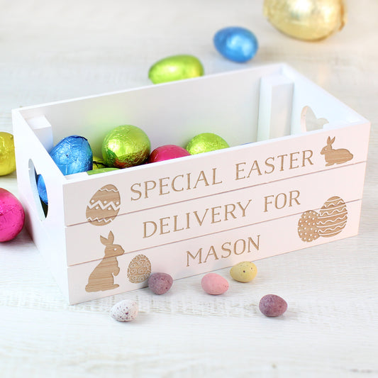 Personalised Easter Bunny White Wooden Crate - Beautygiftsonline 