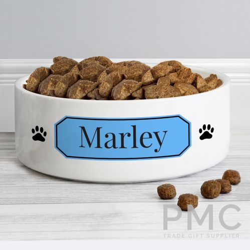 Personalised Blue Plaque 14cm Medium Pet Bowl - Beautygiftsonline 