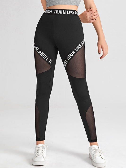 Teen Girls Letter Taped Mesh Insert Leggings - Beautygiftsonline 