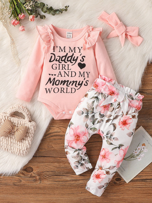 Baby Ruffle Trim Bodysuit & Floral Print Paper Bag Waist Belted Trousers With Headband - Beautygiftsonline 