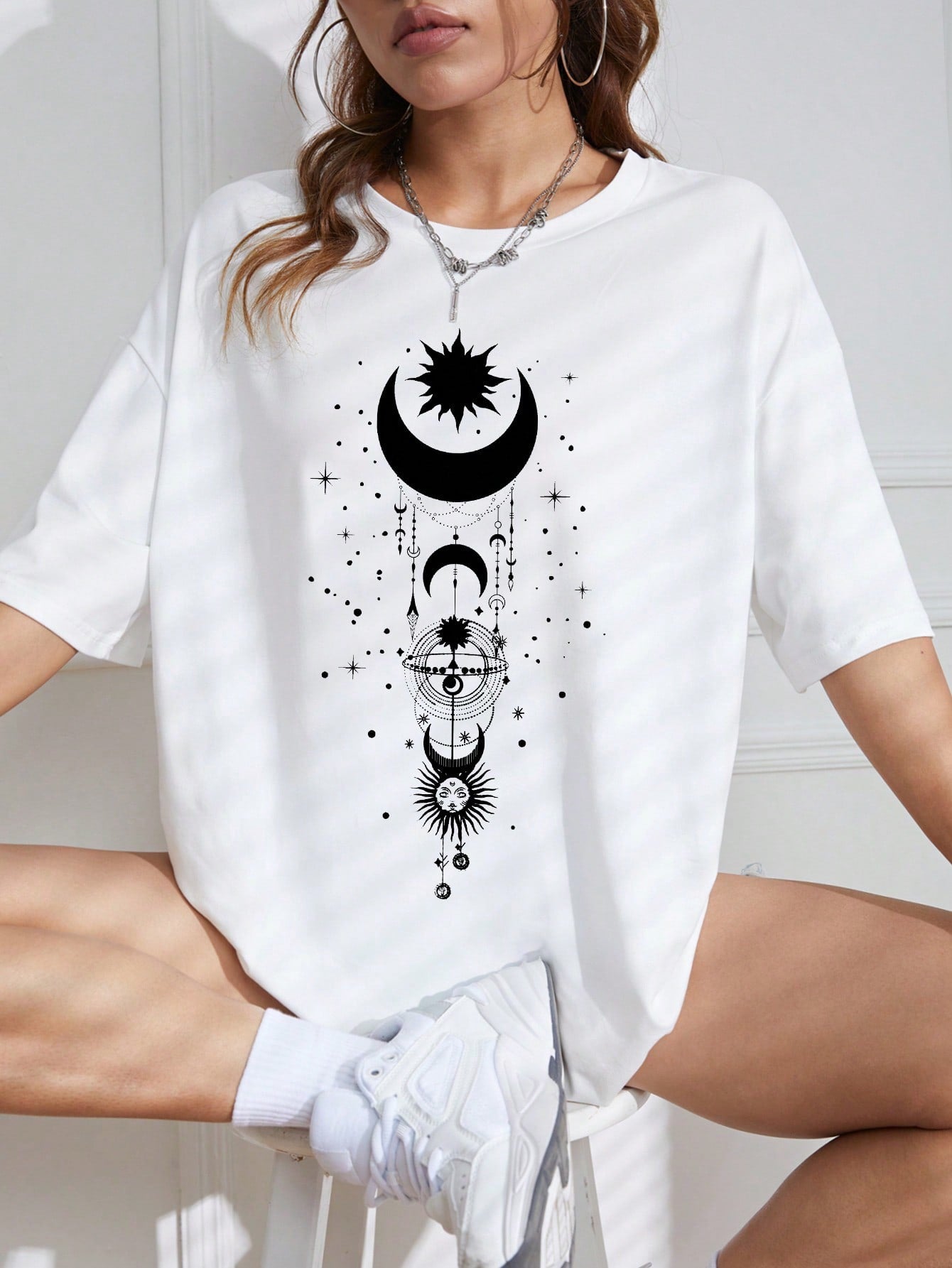 Moon Print Drop Shoulder top - Beautygiftsonline 