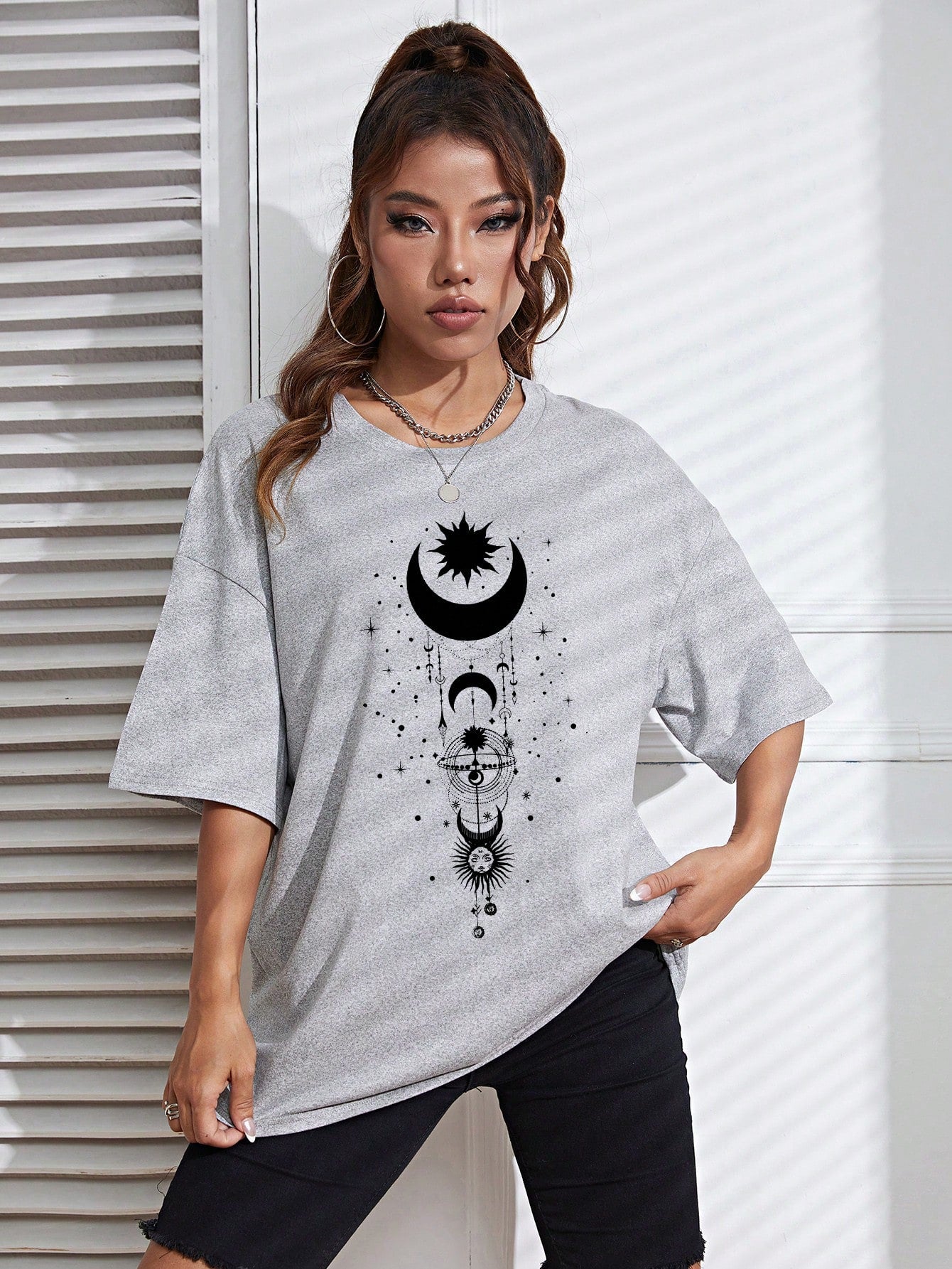 Moon Print Drop Shoulder top - Beautygiftsonline 