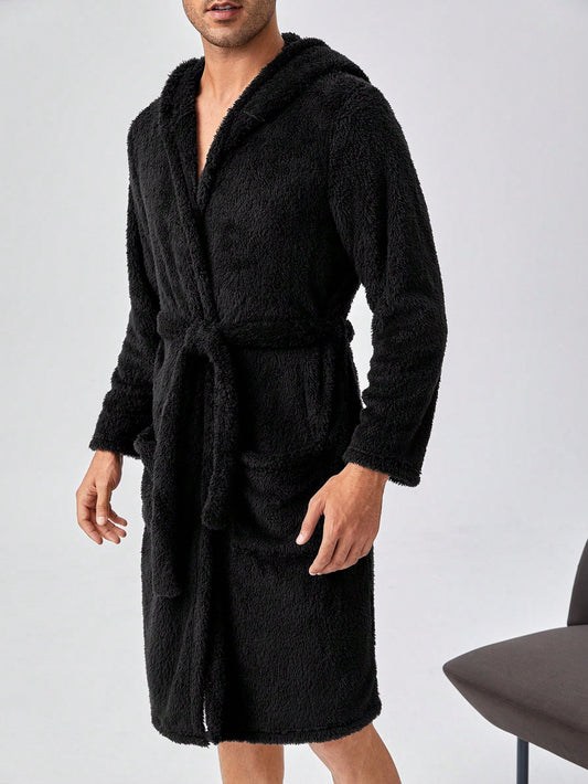 Men Dual Pocket Hooded Belted Teddy Robe - Beautygiftsonline 