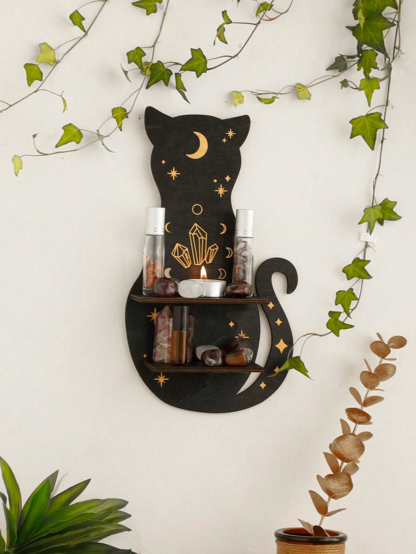 1pc Black Cat Clear Crystal Display Shelf Hooks Floating Moon Cat Shelf For Crystals, Wooden Cute Wall Shelves Crystal Holder - Beautygiftsonline 