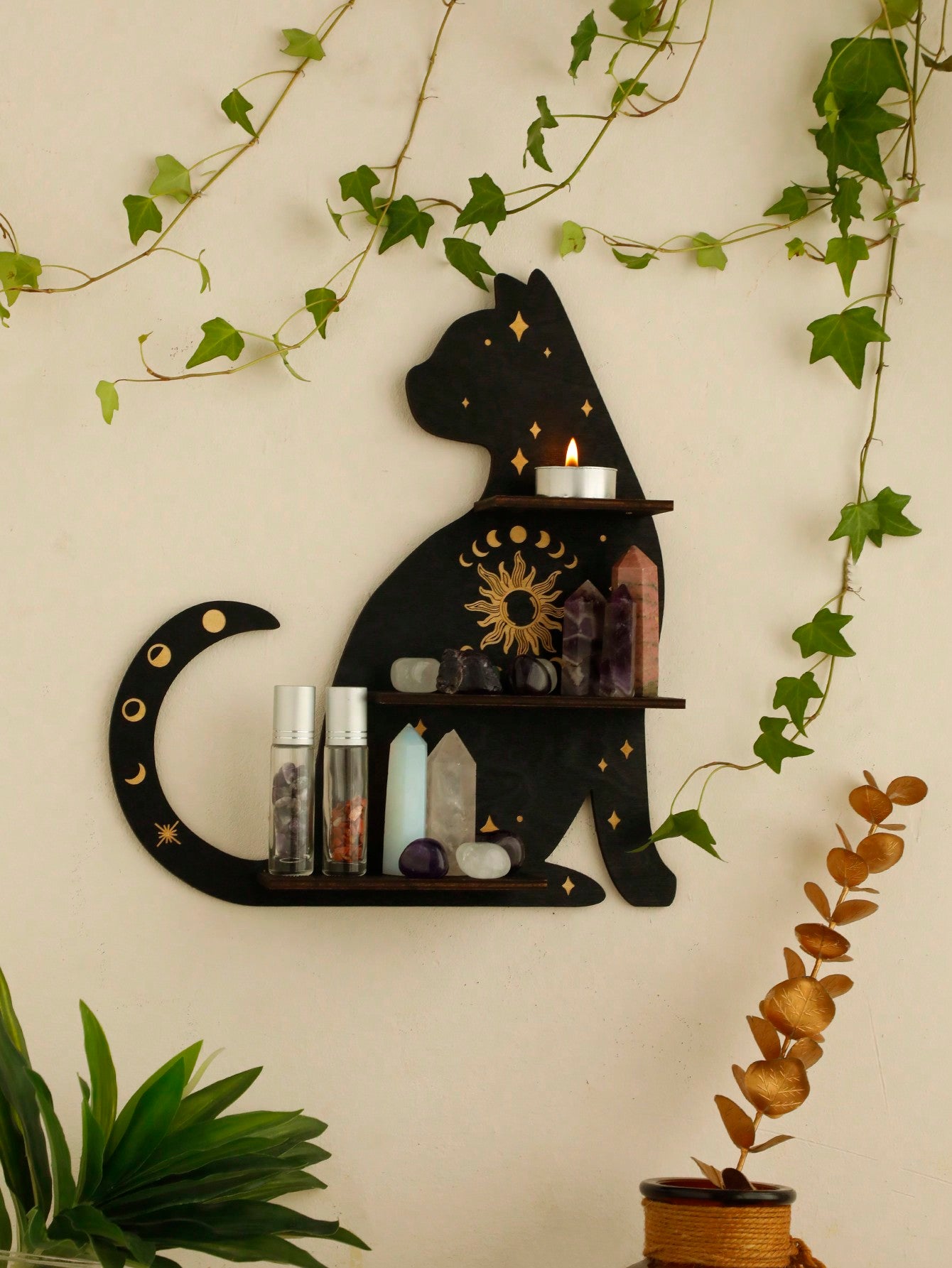 1pc Black Cat Clear Crystal Display Shelf Hooks Floating Moon Cat Shelf For Crystals, Wooden Cute Wall Shelves Crystal Holder - Beautygiftsonline 