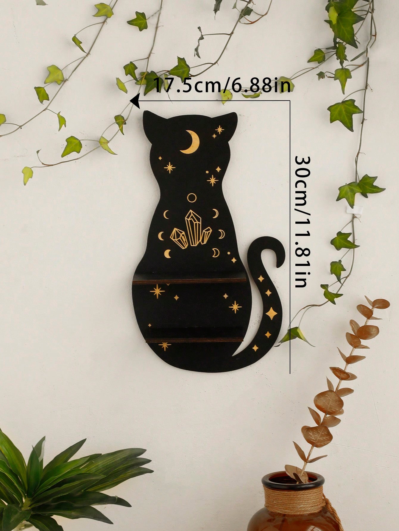 1pc Black Cat Clear Crystal Display Shelf Hooks Floating Moon Cat Shelf For Crystals, Wooden Cute Wall Shelves Crystal Holder - Beautygiftsonline 