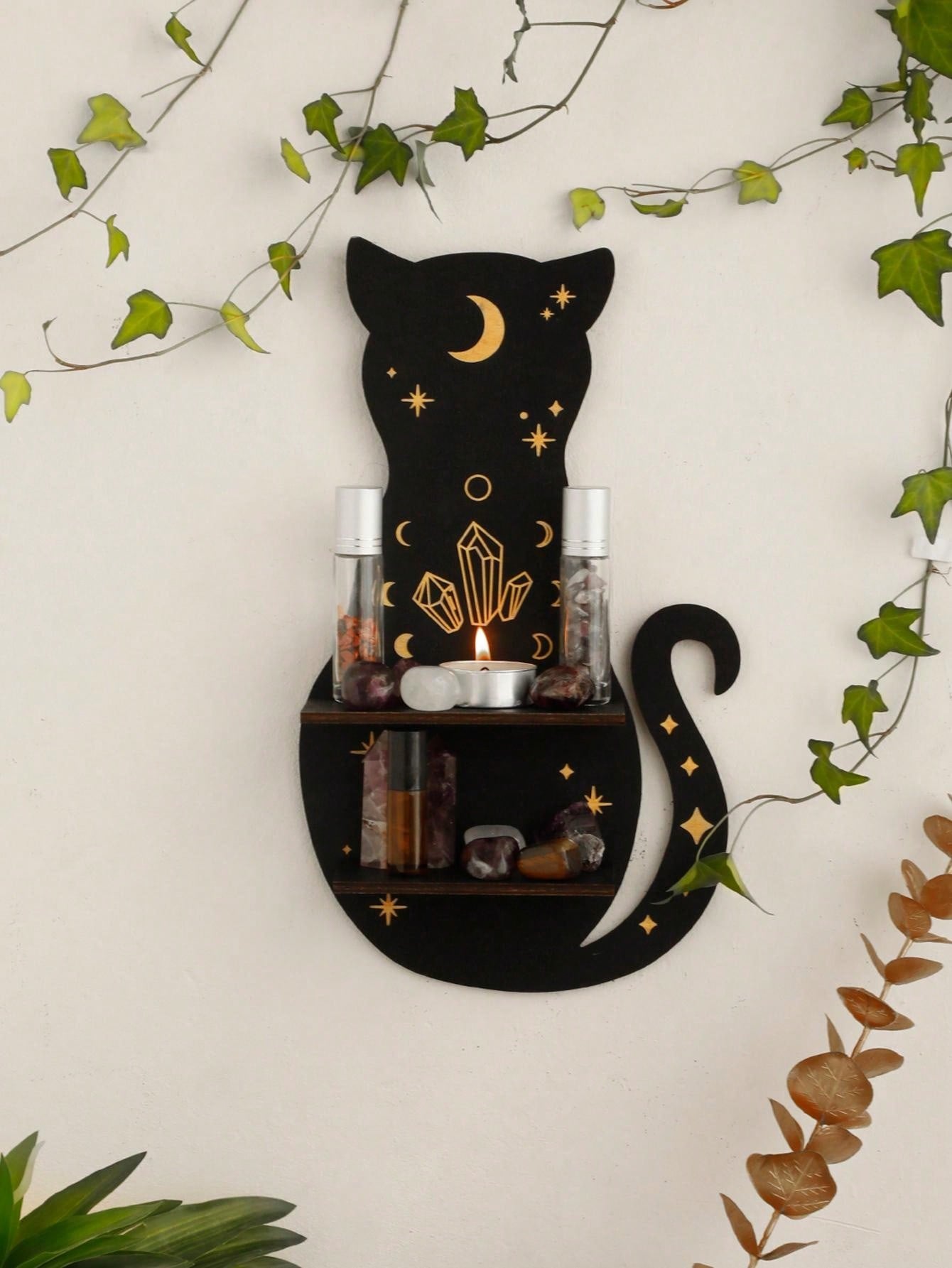 1pc Black Cat Clear Crystal Display Shelf Hooks Floating Moon Cat Shelf For Crystals, Wooden Cute Wall Shelves Crystal Holder - Beautygiftsonline 