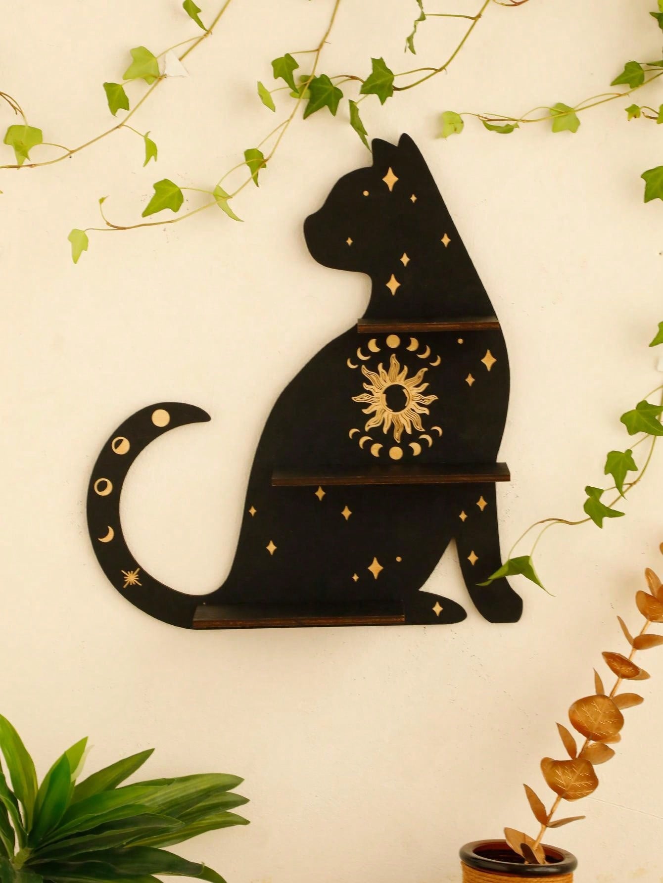 1pc Black Cat Clear Crystal Display Shelf Hooks Floating Moon Cat Shelf For Crystals, Wooden Cute Wall Shelves Crystal Holder - Beautygiftsonline 