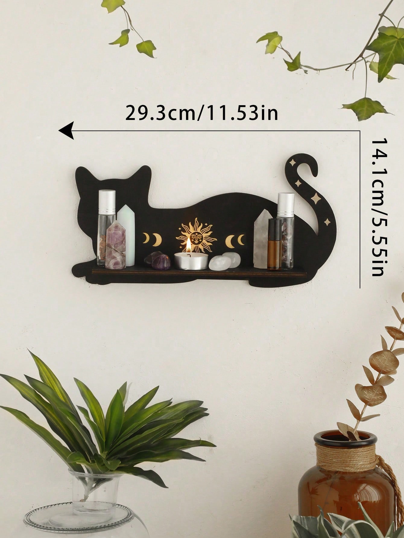 1pc Black Cat Clear Crystal Display Shelf Hooks Floating Moon Cat Shelf For Crystals, Wooden Cute Wall Shelves Crystal Holder - Beautygiftsonline 