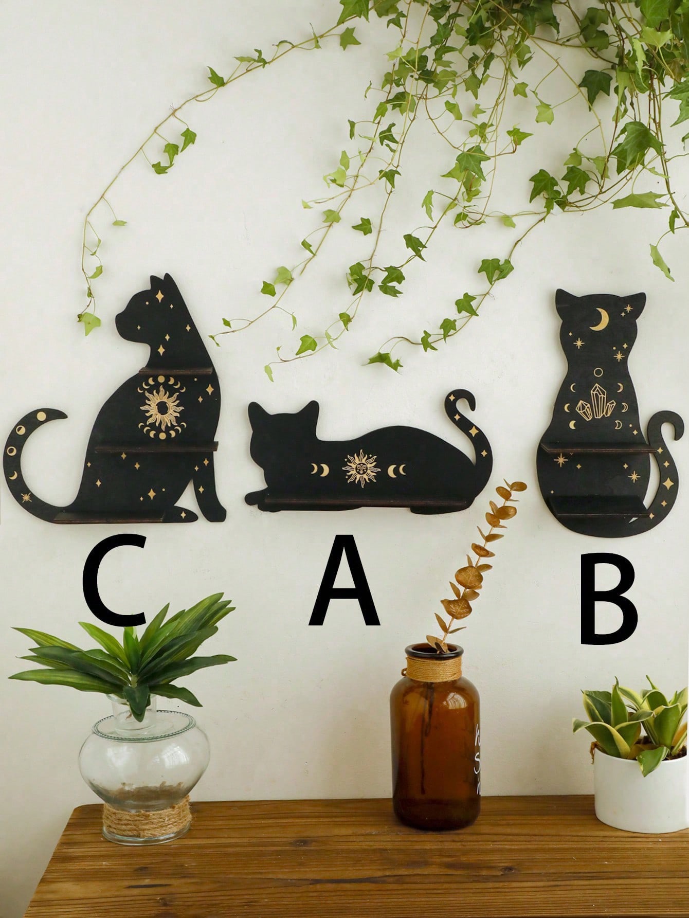 1pc Black Cat Clear Crystal Display Shelf Hooks Floating Moon Cat Shelf For Crystals, Wooden Cute Wall Shelves Crystal Holder - Beautygiftsonline 