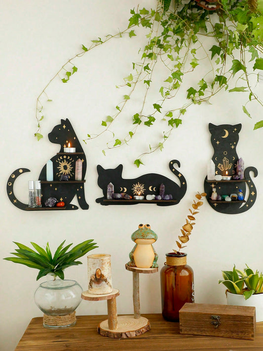 1pc Black Cat Clear Crystal Display Shelf Hooks Floating Moon Cat Shelf For Crystals, Wooden Cute Wall Shelves Crystal Holder - Beautygiftsonline 