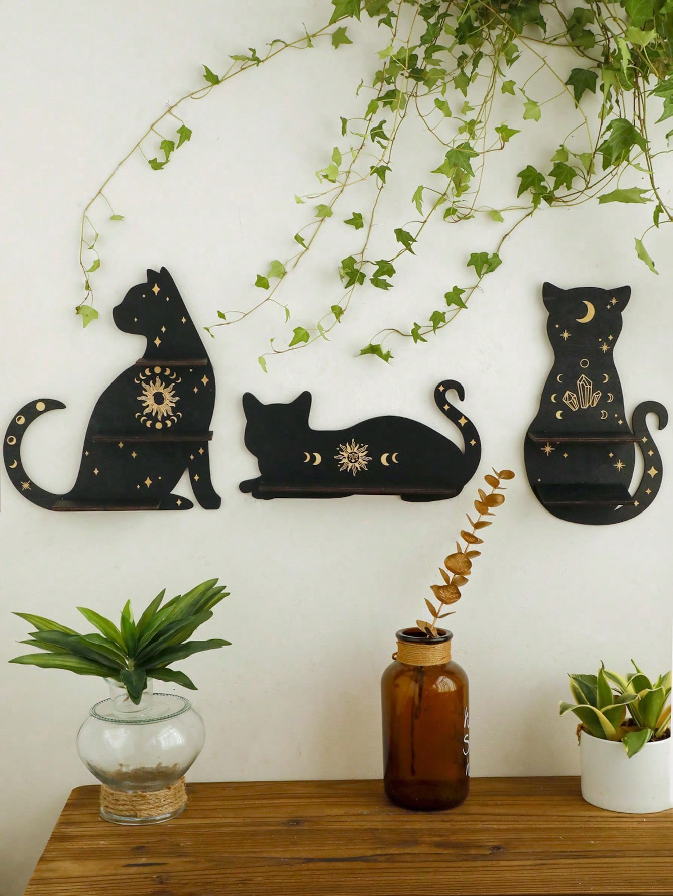 1pc Black Cat Clear Crystal Display Shelf Hooks Floating Moon Cat Shelf For Crystals, Wooden Cute Wall Shelves Crystal Holder - Beautygiftsonline 