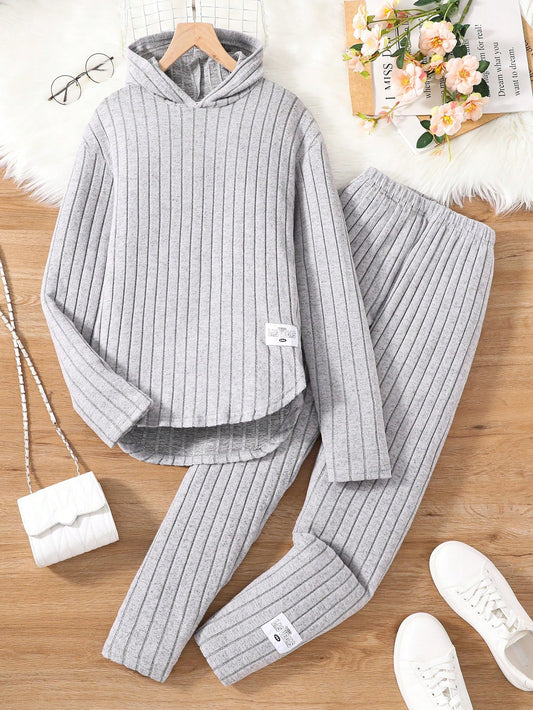 Teen Girls' Ribbed Knitted Hooded Top And Pants Set - Beautygiftsonline 