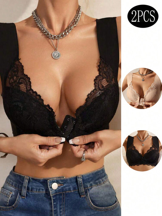 2pcs/Set Women's Front Closure Lace Splice Everyday Bra - Beautygiftsonline 