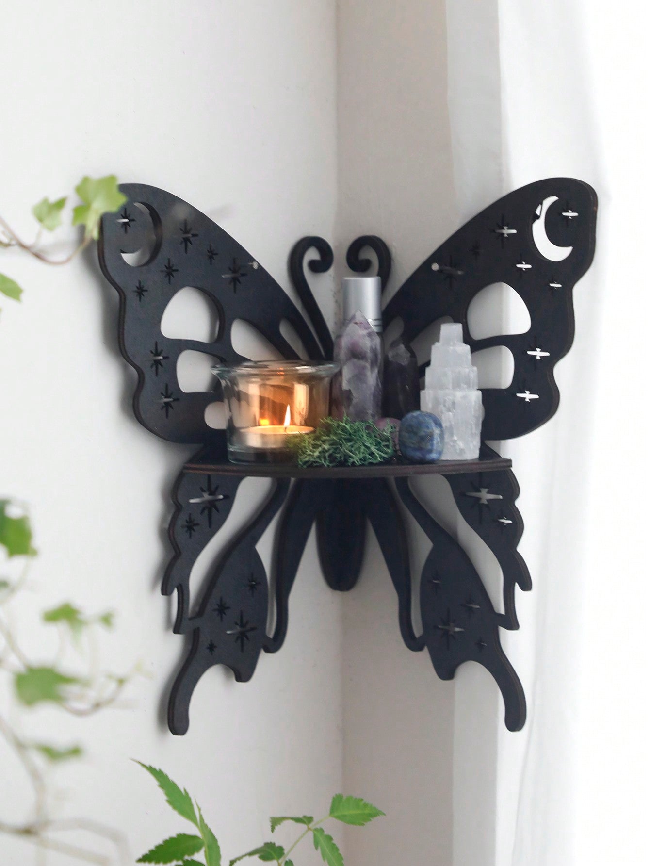 1pc Butterfly & Crystal Decor Wooden Wall Mounted Shelf, Wall Sconce, Wall Decor, Home Decoration - Beautygiftsonline 